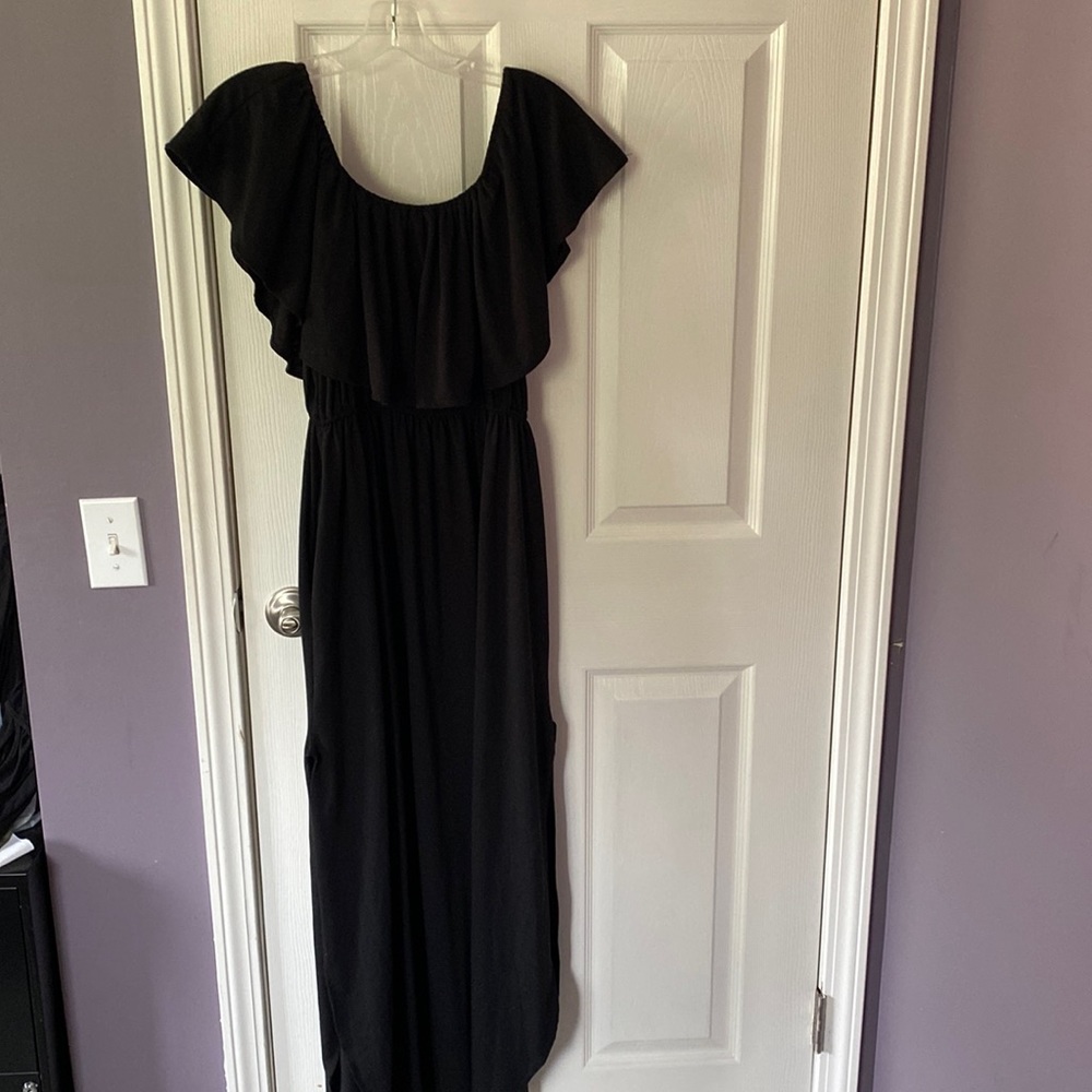 Black off-the-shoulder cotton dress with elastic waistband - size L